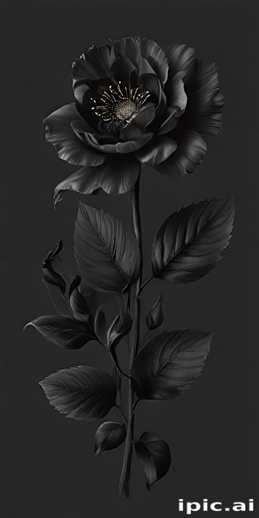 Elegant Black Rose with Intricate Petals and Lush Green Leaves on Dark ...