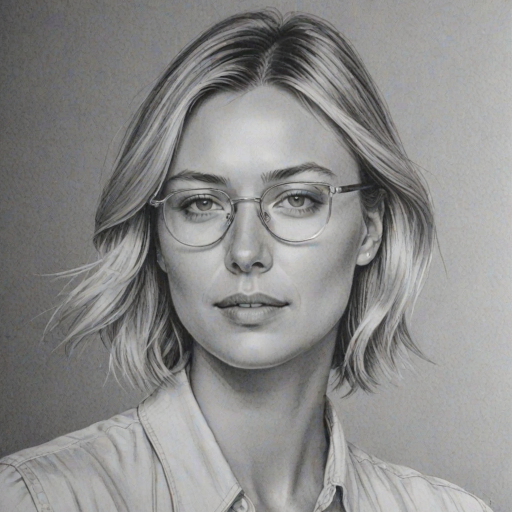Enchanting Maria Sharapova, pencil sketch, portrait of Enchanting woman 1979s in glasses, hair style beatnik, outline, clear lines, fine lines, 8k