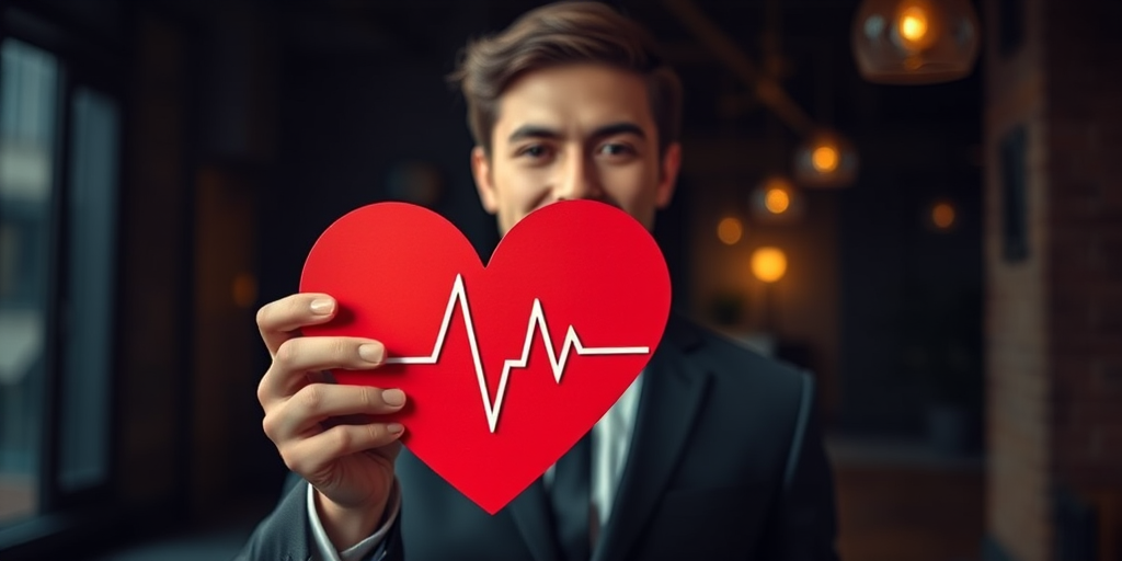 A professional in formal attire holding a stylized red heart shape with a heartbeat line in a dimly lit environment, using a DSLR camera at 50mm focal length, aperture f/1.8, ISO 400, shot from eye level with soft lighting for a warm and inviting atmosphere.