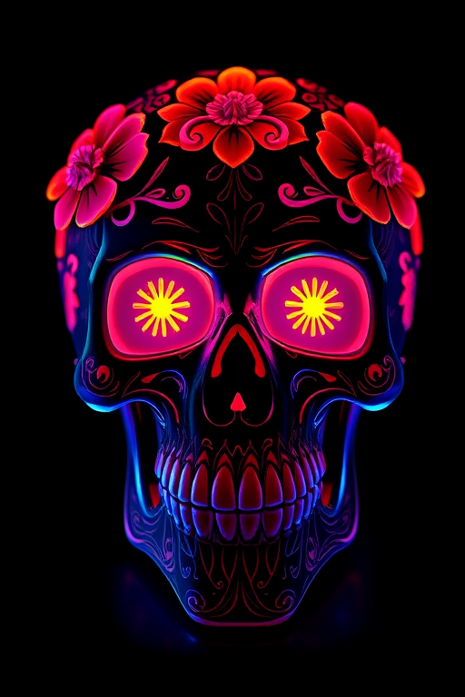 Create a highly detailed and vibrant 3D skull design featuring intricate floral patterns and glowing eyes against a dark background, captured in a close-up view using a Canon EOS R5 with an f/1.8 aperture, ISO 100, 50mm lens, and softbox lighting for enhanced color saturation and depth.