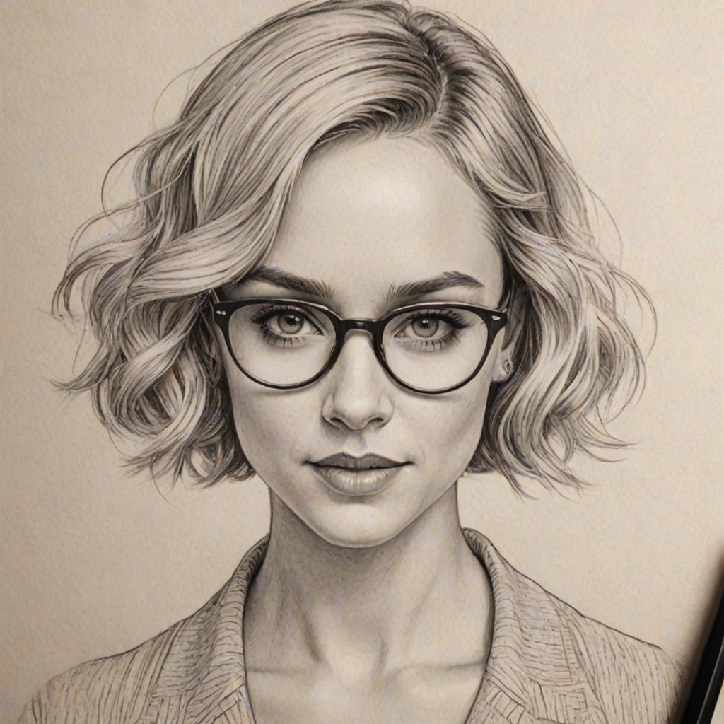 Pleasing Becca Tobin, pencil sketch, portrait of Captivating woman 1920s in glasses, hair style beatnik, outline, clear lines, fine lines, 8k