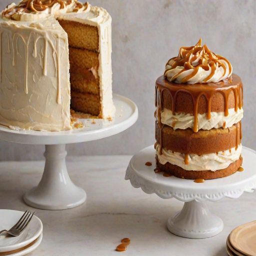 Create an image of a layered cake with a smooth frosting and a swirl of caramel on top. The cake should have a slice removed, revealing its fluffy texture and layers. Place the cake on a simple, elegant cake stand with a light background, and add a few decorative elements like a small jar of caramel sauce and some plates around it.