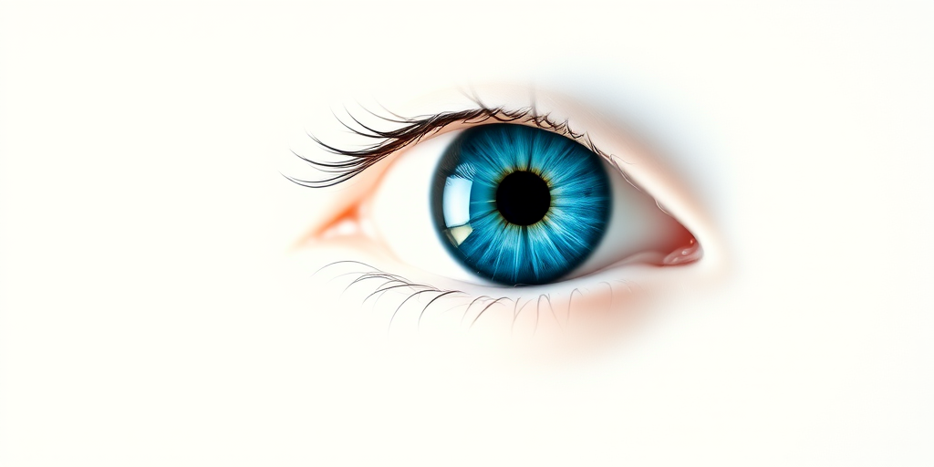 Generate an image of a large, stylized blue eye with a glossy finish on a plain white background using a Canon EOS R5 camera, 50mm lens, f/2.8 aperture, ISO 100, and natural lighting to enhance clarity and depth.