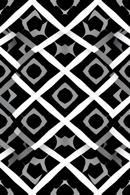 Create a high-contrast black and white repeating pattern of interlocking diamond shapes with sharp edges, focus on symmetry and precision, camera settings: ISO 100, f/8, 1/200s, camera view: top-down, camera style: vector art, camera type: digital illustration.
