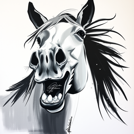 Abstract black and white acrylic portrait of an over exaggerated laughing (horse). Minimalism style. White background.