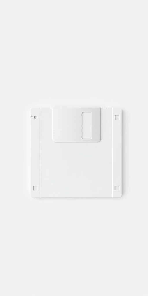 Create an image of a minimalist floppy disk icon with a vertical rectangle on top of a white background, shot with a Canon EOS R5 at f/8, ISO 100, and a 50mm lens in a high-resolution format.