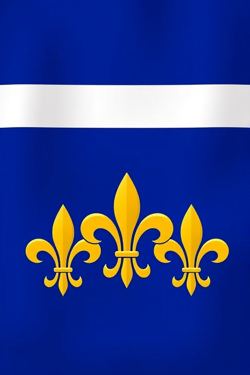 Create a detailed digital illustration of a flag featuring three golden fleurs-de-lis on a blue background with a white stylized horizontal bar at the top, shot with a DSLR camera, 50mm lens, f/2.8 aperture, 1/250 sec shutter speed, in natural light to enhance colors and clarity.