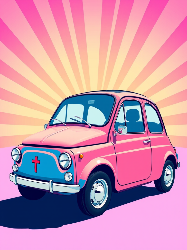 Generate a retro digital illustration of a classic compact car in vibrant colors, using a wide-angle lens at f/11, ISO 100, and a 24mm DSLR camera, with a bright gradient background featuring rays of differing shades from pink to blue.