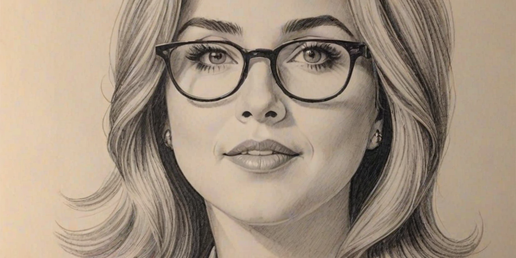 Delightful Hillary Scott, pencil sketch, portrait of Radiant woman 1963s in glasses, hair style beatnik, outline, clear lines, fine lines, 8k
