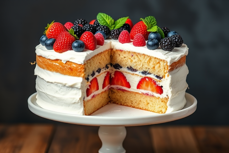 A beautifully layered cake with multiple layers of sponge cake and whipped cream filling decorated with fresh strawberries raspberries blackberries and blueberries on top with a touch of mint leaves showing a slice cut out revealing the colorful layers inside placed on a white cake stand.
