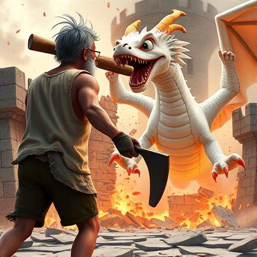 Cartoon 3D High-Resolution,dynamic battle scene using Unreal Engine 5 and Octane Render. The scene features back of an elderly, thai man with a beard,messy hair and round golden-rimmed glasses. He is wearing a tattered tank top with soot marks, shorts, and sandals. sweating. he wields a baseball bat. He jump to fight with a white fire-breathing Europe dragon amidst a partially destroyed stone castle. Include intense flames, smoke, and debris to enhance the dramatic effect.