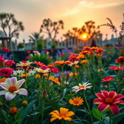 Generate a high-resolution image of a whimsical garden scene during sunset with vibrant flowers and a clear sky, captured with a DSLR camera at f/2.8, ISO 100, shutter speed 1/250s, wide-angle lens, and a soft focus effect to enhance depth.