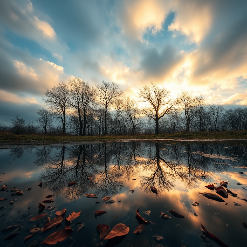trees reflecting in a puddle of water mirror of trees, a cloudy sky with golden light, low grip, autumn atmosphere, dead leaves in the puddle, 4k