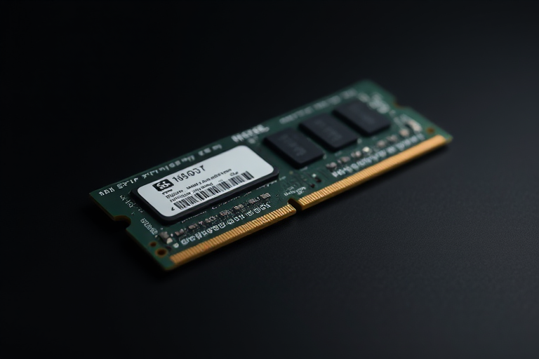 Generate a high-resolution image of a computer RAM module on a black background with sharp focus, using a 50mm lens, f/1.8 aperture, ISO 100, and a slight overhead angle to enhance details and contrast.