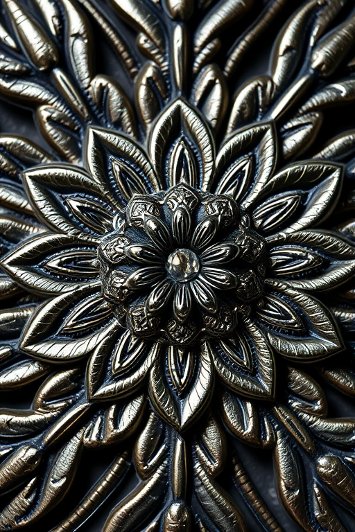 Create a high-resolution image of an intricate floral pattern with a metallic texture, shot with a DSLR camera at ISO 100, aperture f/8, shutter speed 1/60 sec, using a macro lens for close-up detail, with soft natural lighting to enhance depth and contrast.