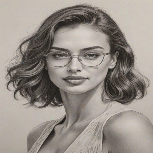 Sublime Irina Shayk, pencil sketch, portrait of Pleasing woman 1933s in glasses, hair style beatnik, outline, clear lines, fine lines, 8k