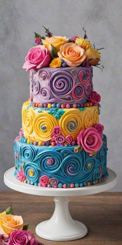 Create an image of a vibrant, multi-layered cake adorned with colorful swirls and floral decorations. The cake should feature a mix of bright pink, blue, purple, and yellow hues, with intricate designs made from frosting, including roses, stars, and spirals. The background should be a soft pastel color to enhance the cake's vividness.