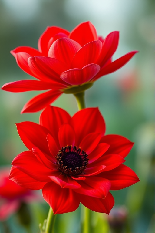 Create a vibrant digital illustration of two large, stylized red flowers with layered petals and green stems, using a Canon EOS 5D Mark IV, aperture f/2.8, ISO 100, 50mm lens, in a macro photography style with soft focus background to enhance color saturation and depth.