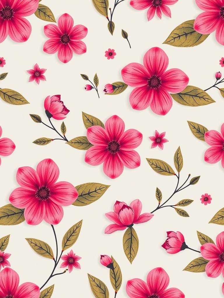 Create a seamless floral pattern with large stylized pink flowers and leaves on a light gray background, captured with a Canon EOS R5 at f/8, ISO 100, 35mm lens, top-down view, soft focus style.