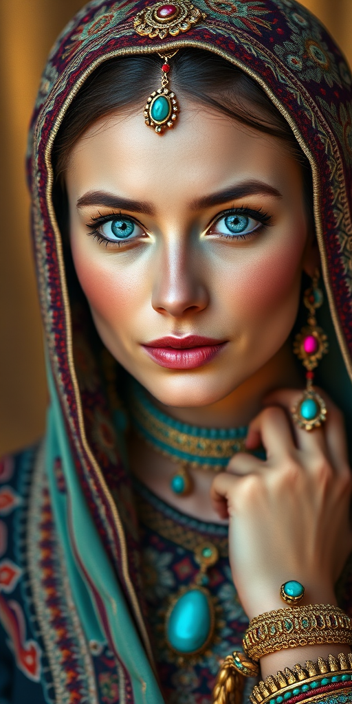 Create a portrait of a beautiful Circassian woman with striking cyan eyes and a gentle expression. She is adorned in traditional attire with intricate patterns, including a richly embroidered headscarf and matching garments. Her jewelry includes a delicate headpiece, dangling earrings, and ornate bracelets, all featuring vibrant gemstones and detailed metalwork. The background is soft and warm, enhancing the rich colors of her outfit and jewelry.