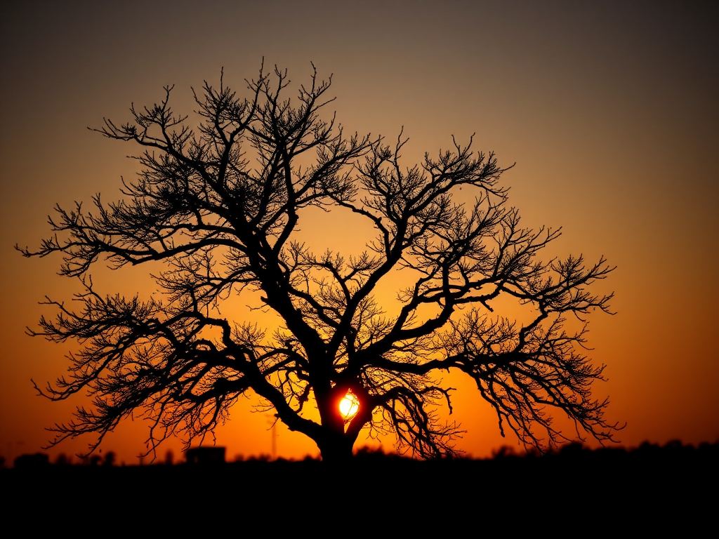 Generate a high-resolution image of a silhouette of a tree against a sunset background, using a Canon EOS R5 camera with a 50mm lens, aperture set at f/1.8, ISO 100, and a focus on a low-angle view to enhance depth and detail.