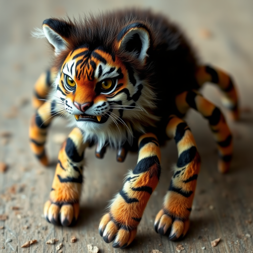 This charming yet frightening Spider Tiger features six legs, a hairy, furry body, and a cat-like tiger physique combined with an insectoid tiger head and tiger legs. The furry head further adds to the creature's unique appearance, creating a captivating blend of cuteness and fear that makes this six-legged, furry, insect-inspired tiger both adorable and scary.