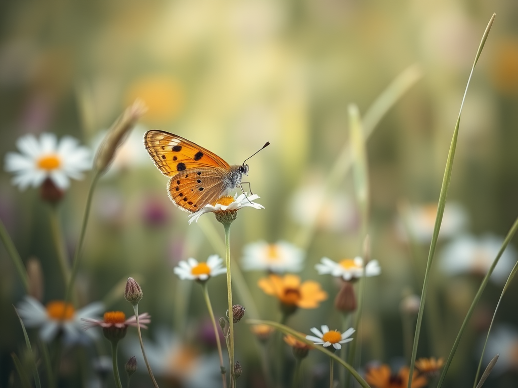 Generate an image of a butterfly perched on a delicate flower in a soft-focus grassy field. The butterfly should have vibrant orange wings with black spots, surrounded by a variety of wildflowers and grass blades gently swaying in the breeze. The background should be blurred to create a dreamy atmosphere, highlighting the butterfly and the flowers in the foreground.