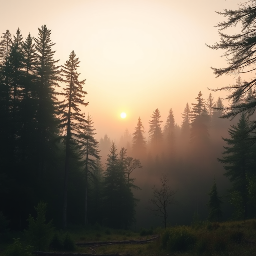 Create a high-resolution image of a serene forest landscape during sunrise with soft mist, using a DSLR camera at ISO 100, aperture f/11, shutter speed 1/60 second, shot from a low angle perspective with a wide-angle lens.