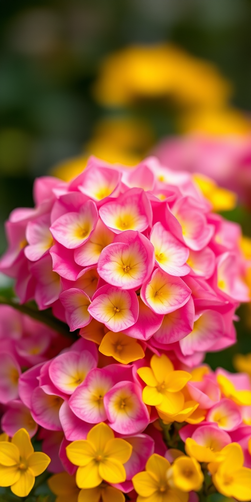 Close-up shot of vibrant pink hydrangeas surrounded by yellow flowers, soft bokeh background, aperture f/2.8, shutter speed 1/200s, ISO 100, DSLR camera, 50mm lens.