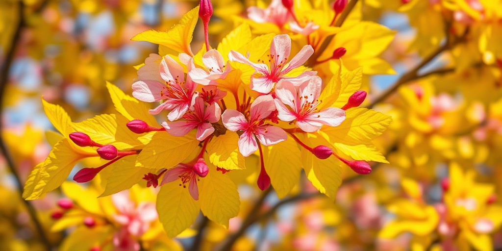 Create a vibrant digital illustration of a flowering tree with bright yellow leaves and pink blossoms, captured in a high-resolution close-up style, using a DSLR camera with a 50mm lens, f/2.8 aperture, ISO 100, and soft natural lighting to enhance the colors and details.
