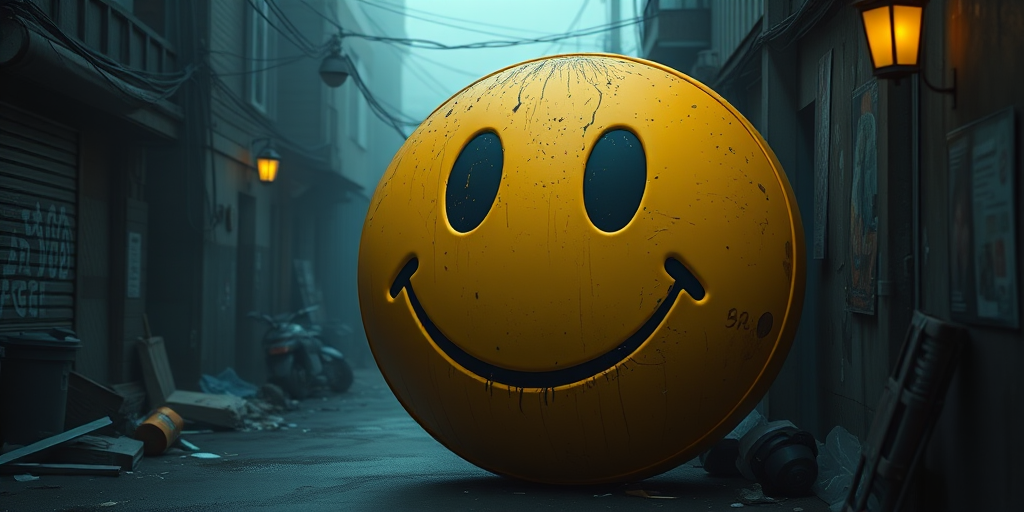 Create a vibrant, high-resolution image of a large, dirty yellow smiley face in a deserted, foggy alley with scattered trash and dimly lit lanterns, using a Canon EOS R5 with a 50mm lens, aperture f/1.8, ISO 200, and a shallow depth of field for sharp foreground detail and a blurred background.