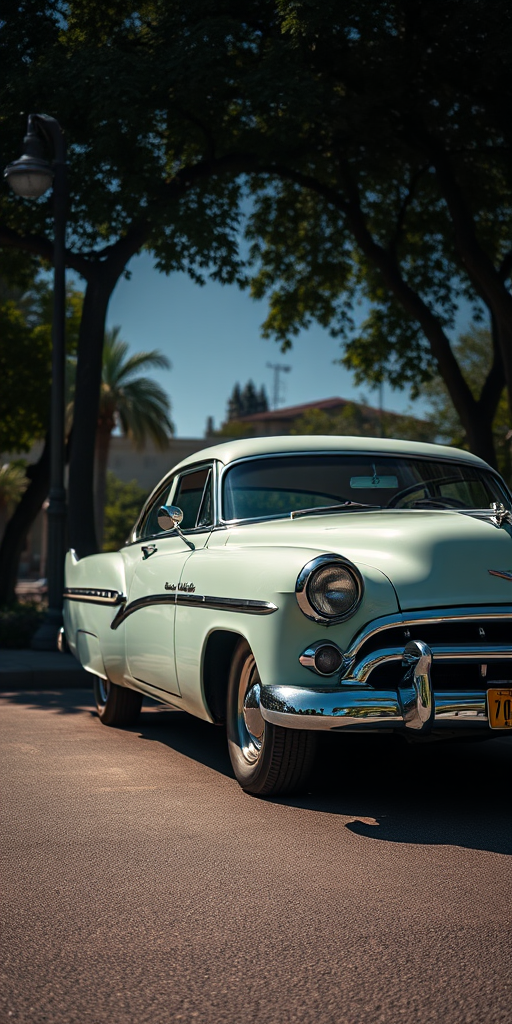 classic car parked in sunlight, high resolution, f/8 aperture, ISO 100, 1/200s shutter speed, 50mm lens, wide-angle view, DSLR camera