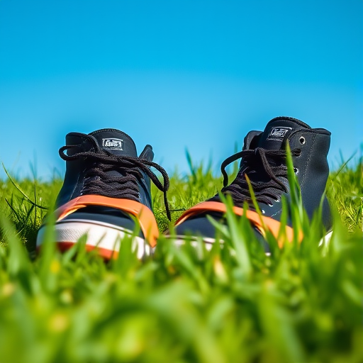 Create an image of a pair of black high-top sneakers and brown sandals placed on vibrant green grass under a clear blue sky, captured with a DSLR camera, 50mm lens, aperture f/2.8, shutter speed 1/200s, with a shallow depth of field to emphasize the shoes.