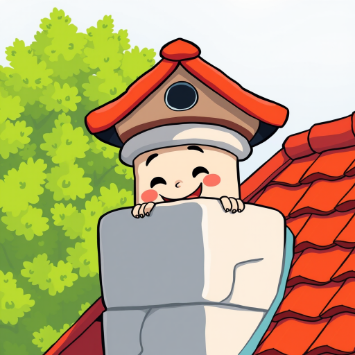 Create an illustration of a cheerful cartoon character peeking out from behind a chimney on a vibrant red-tiled roof, using a Canon EOS R5 with a 24-70mm lens at f/8, ISO 100, and a wide-angle view to enhance clarity and detail, in a colorful and playful style.