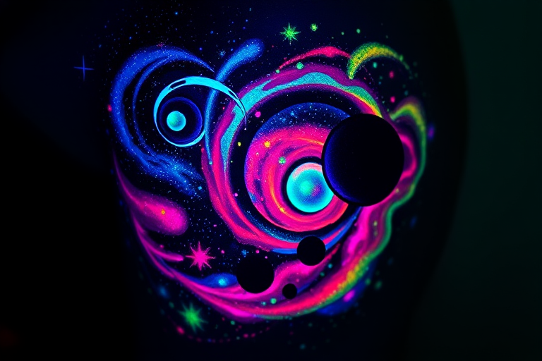 Luminous UV ink tattoo called "Neon Nebula" featuring a cosmic scene of swirling galaxies, twinkling stars, and vibrant nebulae that come to life under blacklight. The design utilizes specialized UV-reactive inks in a range of fluorescent colors, including electric blues, vibrant pinks, and glowing greens, to create a mesmerizing display of otherworldly hues. This style is characterized by its dual nature, appearing as a subtle, almost invisible tattoo in normal lighting conditions, but transforming into a brilliant, glowing masterpiece under UV light. The "Neon Nebula" tattoo incorporates fine details such as stardust, planetary rings, and celestial bodies, all rendered in a dreamy, ethereal style that captures the wonder and mystery of the cosmos. This unique tattoo style appeals to those who want a hidden artistic surprise that can be revealed in specific environments.