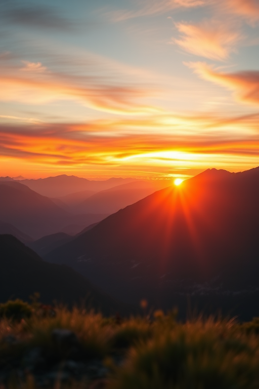 Generate a high-resolution artistic rendering of a serene mountain landscape during sunrise with vibrant colors, using a DSLR camera, 50mm lens, aperture f/2.8, ISO 100, 1/125 sec exposure, soft focus foreground, and a wide-angle view to enhance depth.