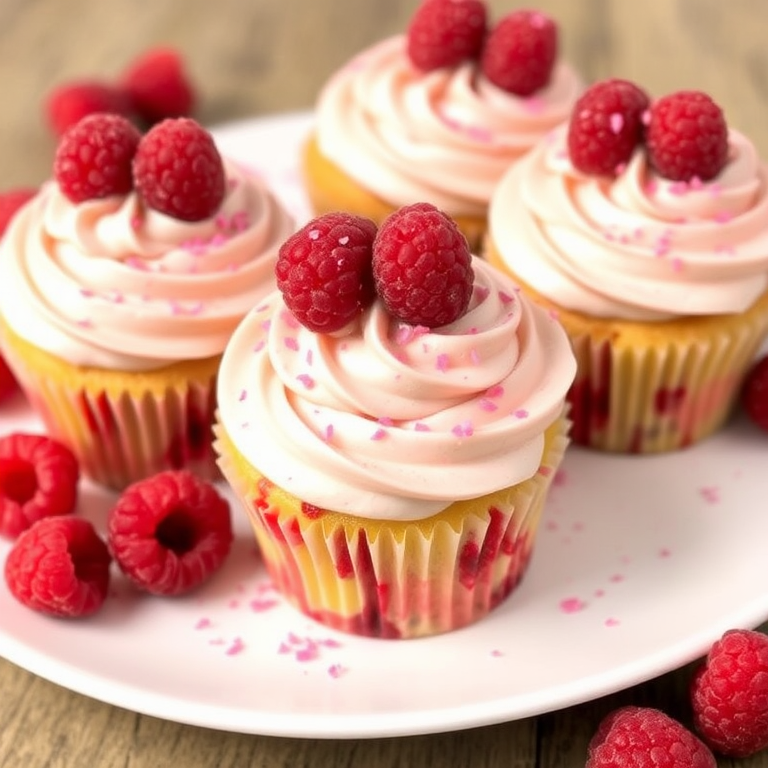 Delicious raspberry cupcakes with swirls of creamy frosting topped with fresh raspberries and a sprinkle of pink sugar on a white plate with additional raspberries around them.