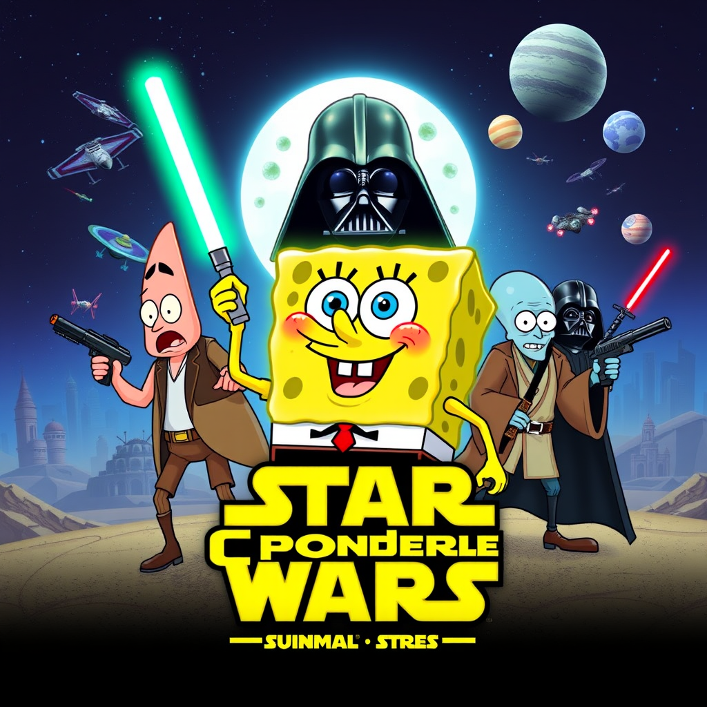 Create a parody of the Star Wars poster with SpongeBob as Luke Skywalker, holding a glowing spatula like a lightsaber. Patrick Star takes the role of Han Solo, holding a blaster, while Squidward is Obi-Wan Kenobi, draped in robes. In the background, Plankton appears as Darth Vader, with Bikini Bottom’s landmarks reimagined as spaceships and planets. The iconic Star Wars logo is swapped for "Sponge Wars," creating a playful, sci-fi adventure scene.