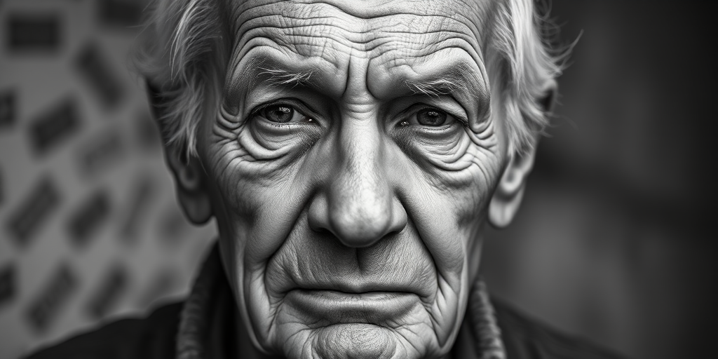 Create a high-resolution black and white portrait of an elderly man with deep wrinkles and a somber expression, shot with a Canon EOS R5 at 85mm f/1.2 aperture, ISO 100, in soft natural light, using a shallow depth of field to emphasize the subject against a blurred background.
