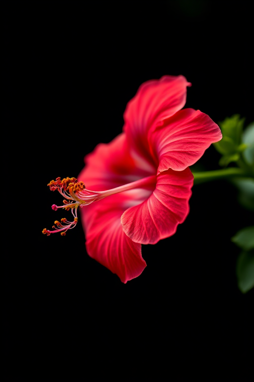 Close-up shot of a red hibiscus flower against a black background, with a shallow depth of field, using a DSLR camera, f/2.8 aperture, ISO 100, 50mm lens, soft natural lighting.