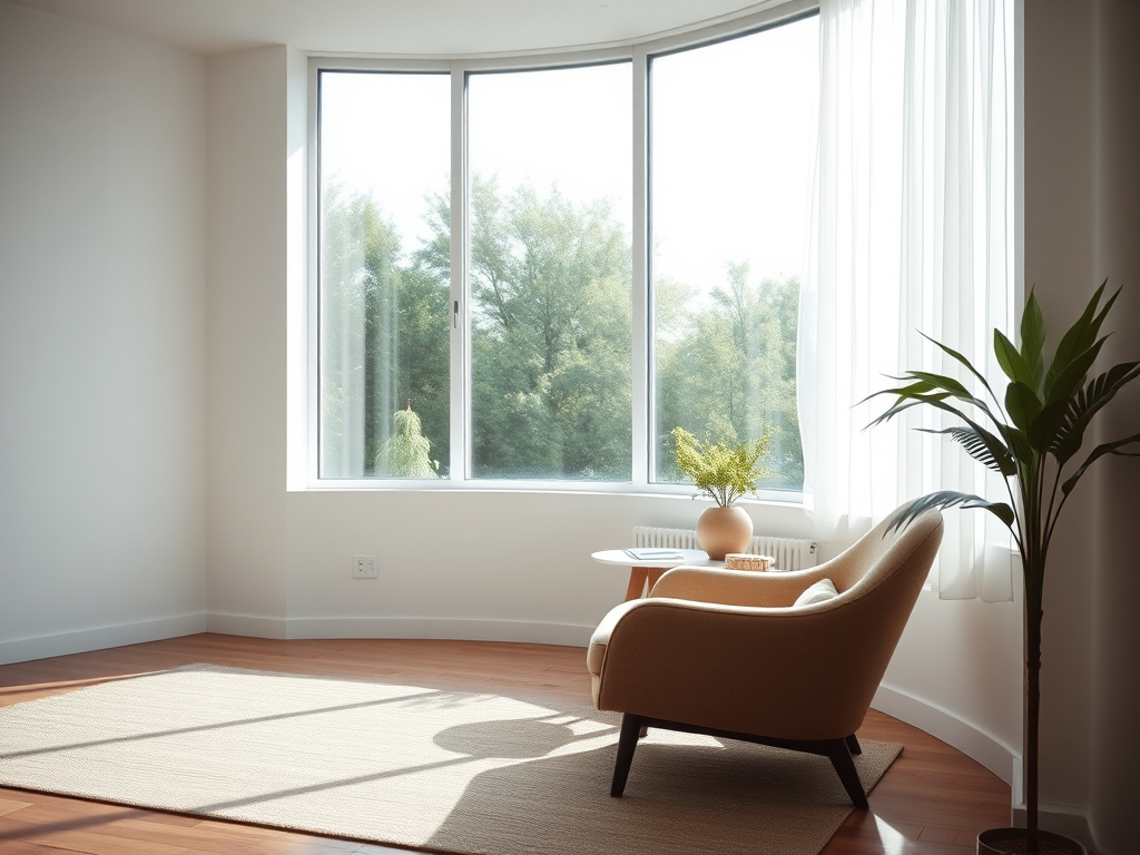 interior minimalist living room with a curved chair, a small table, a plant in a pot, natural light streaming through large windows, soft shadows, camera settings: f/2.8, ISO 100, shutter speed 1/125s, camera view: wide angle, camera style: modern aesthetic, camera type: DSLR