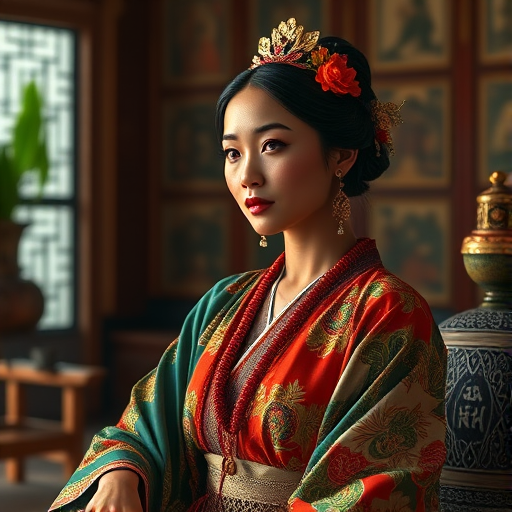 A beautiful Tahitian woman in traditional East Asian attire, intricately detailed with embroidered patterns, sitting gracefully in a richly decorated room, soft ambient lighting, serene and elegant, ultra-realistic, 8K resolution