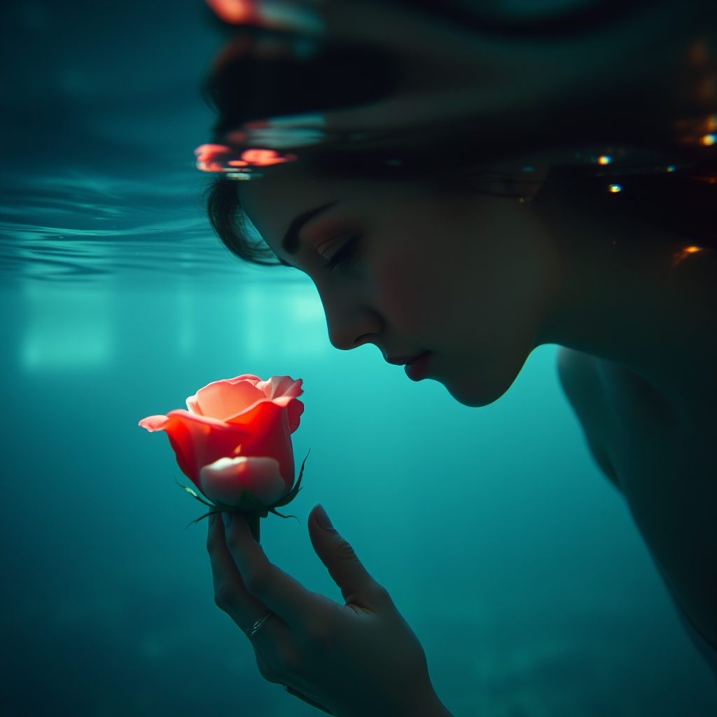 A woman underwater, gazing at a rose Her face is reflected in the water's surface The scene is illuminated by sunlight filtering through the water The atmosphere is serene and contemplative