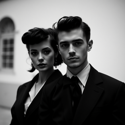 Black-and-white photograph, couple, tailored suits, retro hairstyles, film noir style, Tilt the camera for a dynamic Dutch angle using a versatile 24-70mm lens