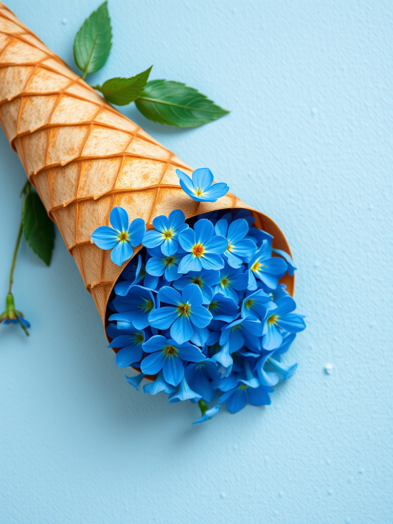 Create a floral composition featuring a cone filled with blue flowers on a light blue textured background, using a DSLR camera with a 50mm lens, aperture set to f/2.8, ISO 100, and a shallow depth of field for enhanced image quality.