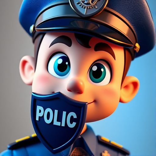 Create a cartoon character resembling a police officer with a blue hat and shield labeled "POLICE," using a vibrant color palette, with high contrast and smooth shading, shot with a DSLR camera at f/2.8, ISO 100, 50mm lens, in a close-up view with soft lighting for enhanced image quality.