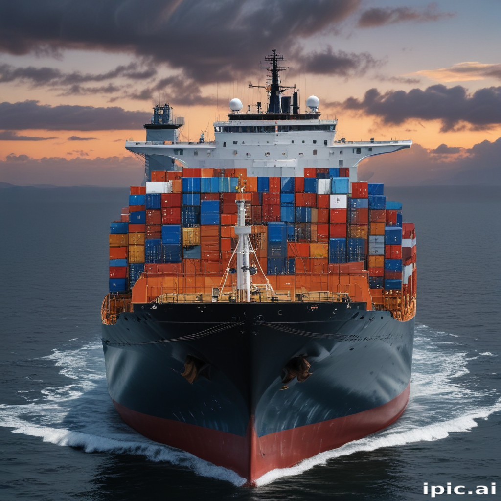 Massive Container Ship Navigating Calm Waters at Sunset with Colorful Cargo