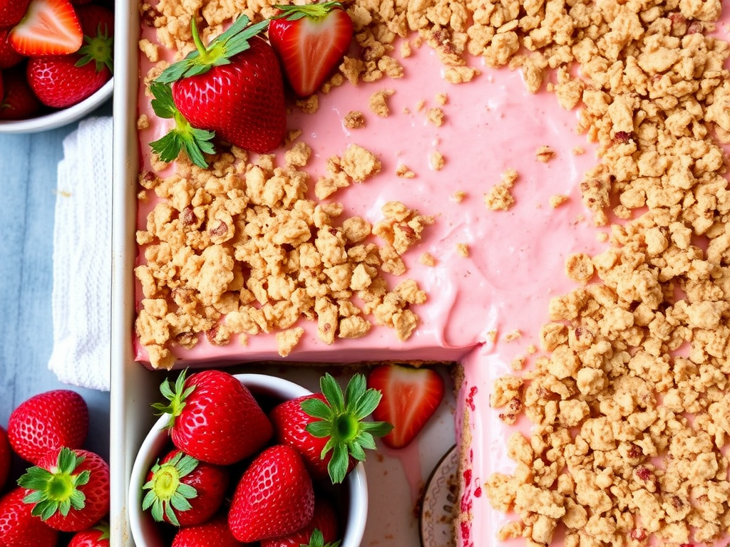 A rectangular dessert with a creamy pink filling and a crumbly topping made of crushed strawberries and cookies, decorated with whole strawberries on top, set in a baking dish with a piece cut out, surrounded by fresh strawberries in a bowl.