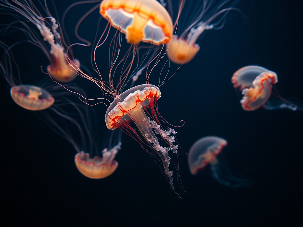 capture a fluid underwater scene of jellyfish gracefully swimming in dark water, using a Canon EOS R5 with a 50mm f/1.8 lens at ISO 800, aperture f/2.8, shutter speed 1/200 sec, in a macro photography style with a focus on vibrant colors and sharp details