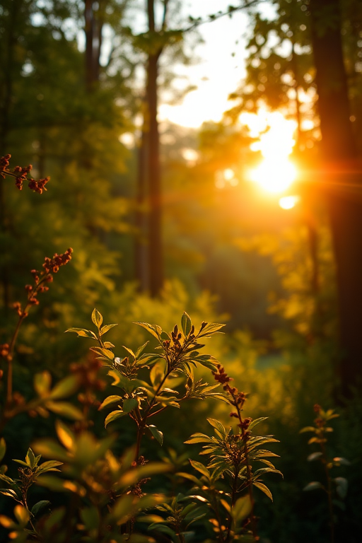 high-resolution close-up of a lush green forest during golden hour, with warm sunlight filtering through the leaves, shallow depth of field, f/2.8 aperture, 50mm lens, ISO 100, taken with a DSLR camera